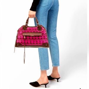 NWT Rebecca Minkoff Desire Purse Brown Leather Neon Pink Medium Boho - Brand New